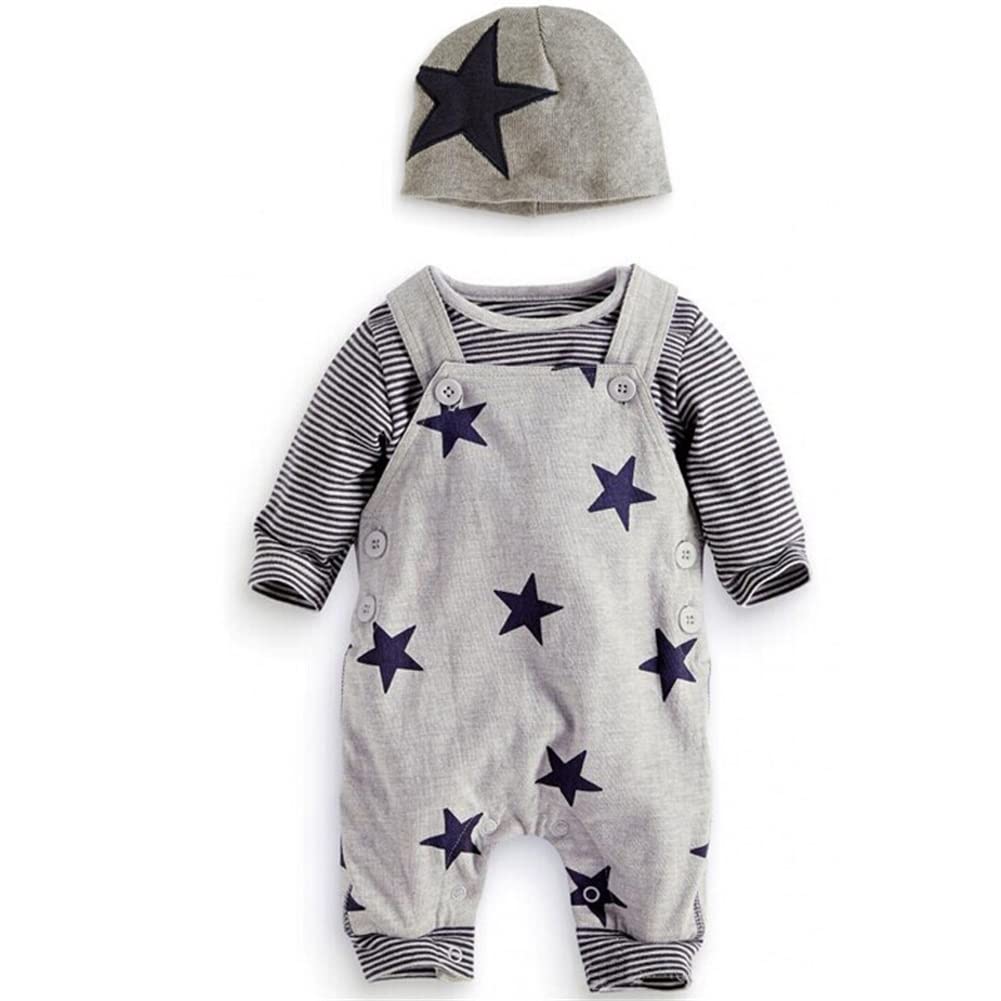 SFreeBoInfant Baby Boys Clothing Sets Newborn Baby Cotton Romper Outfits Suit Toddler Kids Pyjamas 3pcs Long Sleeves T-Shirt + Star Pattern Dungarees+ Hat 0-24 Months