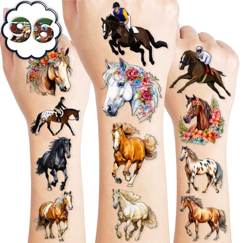 96 PCS Floral Cowgirl Horse Derby Pre-Cut Temporary Tattoos Birthday Party Favors Decorations Supplies Stickers Racing Pink Wild Horse Rodeo Cowboy Girls Boys Men Gift School Prizes Rewards (Normal)