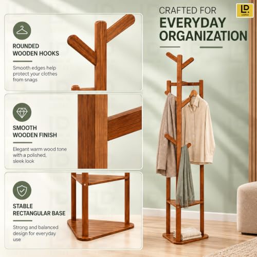 Image of LEOPAX Premium Bamboo Coat Hanger Stand with 2 Storage Shelves & 6 Hooks, Freestanding Clothes Rack for Coats, Scarves, Handbags & Accessories, Dark Brown, 36 x 36 x 168 cm