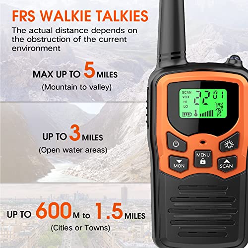 Image of Walkie Talkies with 22 FRS Channels MOICO Walkie Talkies for Adults with LED Flashlight VOX Scan LCD Display, Long Range Family Radios for Hiking Camping Trip (Orange, 4 Pack)