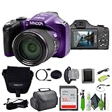 MINOLTA MN67Z 20 MP / 1080P FHD Bridge Digital Camera w/67x Optical Zoom (Purple) Bundle with 32GB Memory Card + Camara Bag + Cleaning Kit + Vlogging Tripod + Accessories