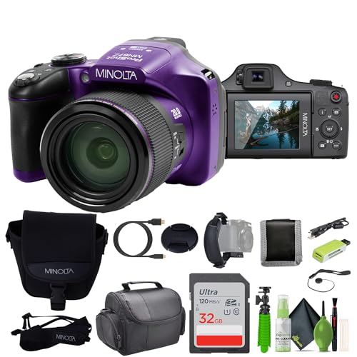 MINOLTA MN67Z 20 MP / 1080P FHD Bridge Digital Camera w/67x Optical Zoom (Purple) Bundle with 32GB...