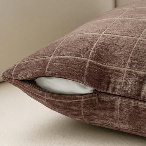Image of MIULEE Reddish Brown Plaid Fall Decor Throw Pillow Covers 20x20 Set of 2 | Vintage Check Chenille Couch Pillows Boho Farmhouse Cushion Covers Modern Fall Home Decor for Sofa Bed Living Room