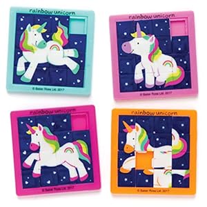 Baker Ross AR581 Schuifpuzzel”Regenboog-eenhoorn” voor kinderen – perfect als kleine partyverrassing voor kinderen (4 stuks),gesorteerd