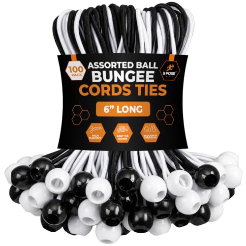 Image of Xpose Safety Bungee Ball Cords 6 inch 100 Pack Heavy Duty Assorted Colors Black and White Stretch Rope with Ball Ties for Canopies, Tarps, Walls, Cable Organization