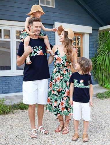 Image of PATPAT Family Matching Outfits Mommy and Me Dresses Hawaiian Tropical Vacation Beach Spaghetti Strap Dress and Shirt