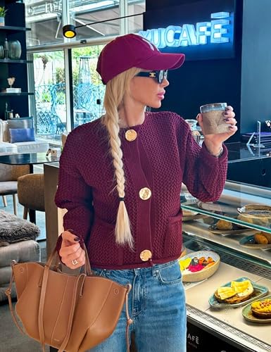 Women's Cropped Cardigan Sweaters Chunky Knit Gold Button Down Long Sleeve Open Front Cardigan with Pockets (Burgundy-M)2