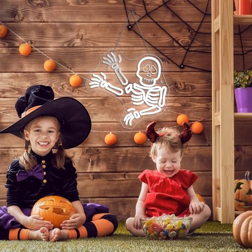 Image of JURONG Waving Skeleton Skull Neon Signs for Wall Decor, Halloween Ghost Neon Light Up Signs, USB Powered, Dimmable LED Sign for Halloween Party Bedroom, Man Game Room, Kid's Room, Bar, Club, Shops Decor