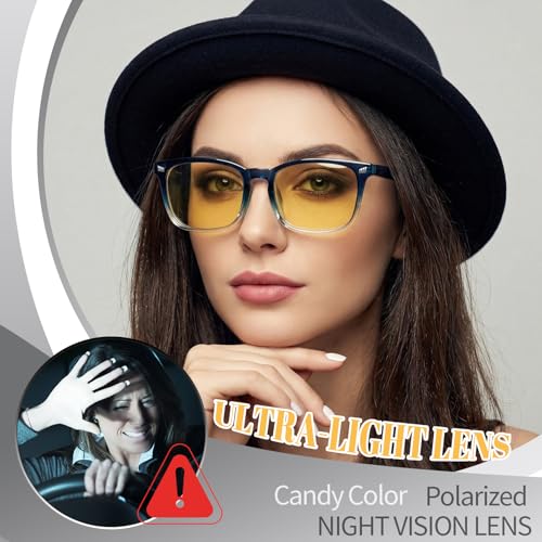 Image of Polarized Sunglasses for Women Men Night Vision Glasses Anti Glare | Yellow Anti Glare UV400 Lens, Lightweight Square Frame, for Day Night Use, Driving, Fishing, Cycling, Traveling