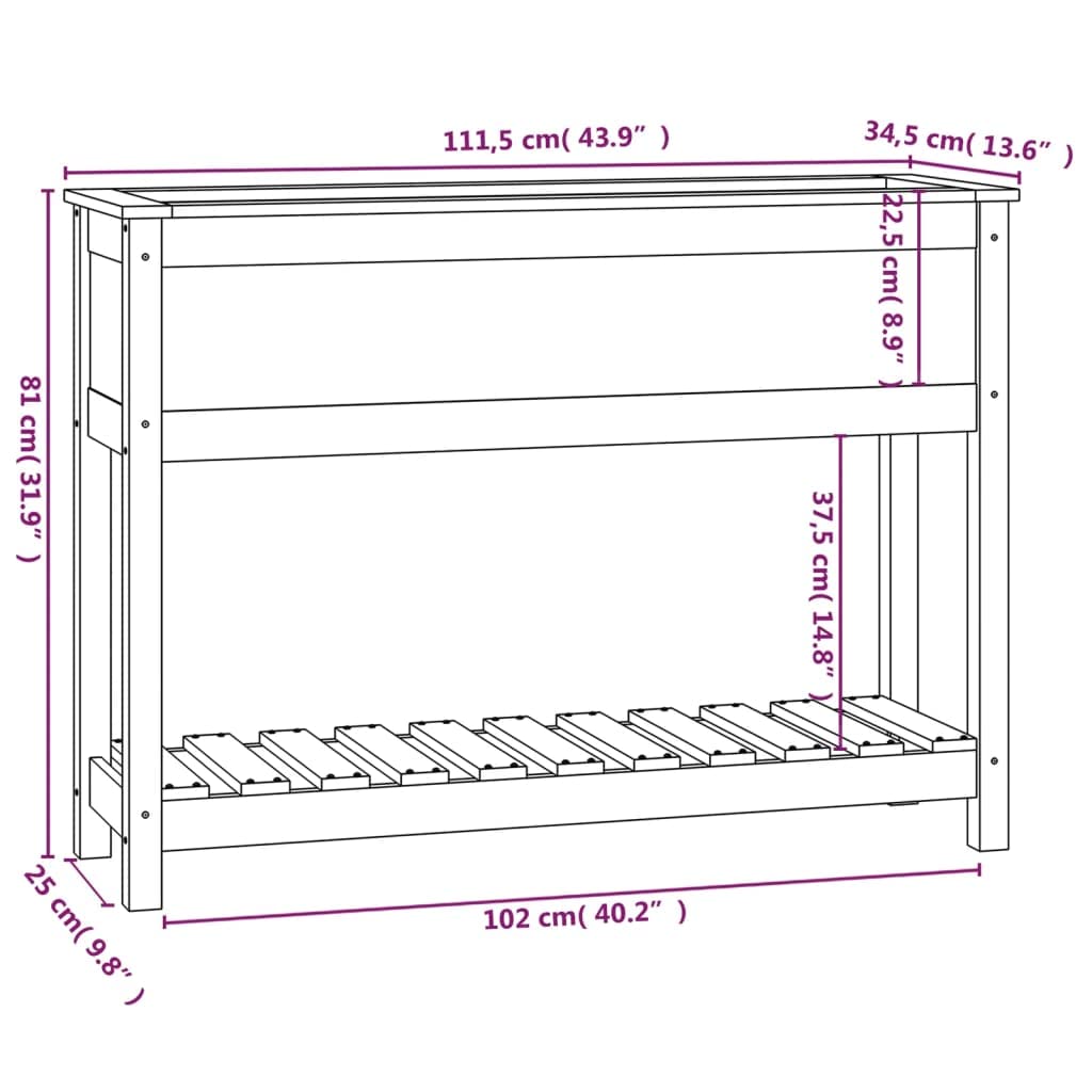 Skrzynka na kwiaty z półką z litego drewna sosnowego 111,5 x 34,5 x 81 cm na balkon i patio, duża doniczka na nasiona, solidna i stabilna konstrukcja, ergonomiczna wysokość, idealna do ogrodu