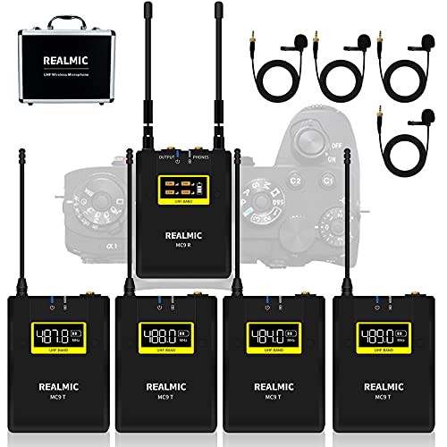 MC9F Wireless Microphone System 32-Channel Professional UHF Lavalier Lapel Micophone with 4 X Transmitters 1 X Receiver for Sony Panasonic DSLR Cameras,Camcorder,Video Recording YouTube,Interview,etc