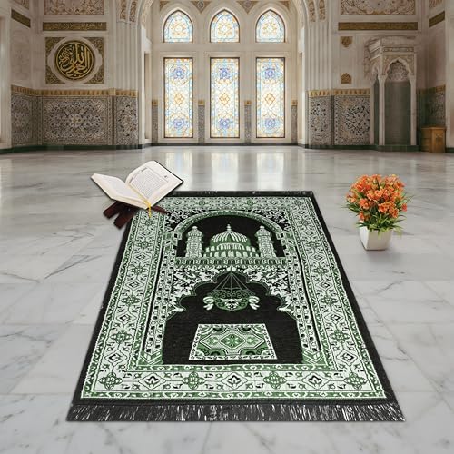Image of Velvet Floral Janamaz Mat | Prayer Mat /Meditation Janamaz for Namaz /Meditation Mat /Muslim| Size 27x50| Washable Soft Prayer Mat (Black - Green)