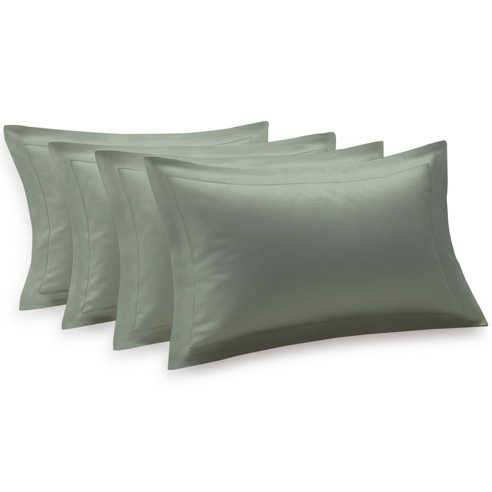 Pizuna 100% Cotton Standard Pillow Cases 4 Pack Seafoam Sage 50x75cm 600 Thread Count Long Staple Combed Cotton Oxford Pillow Cases Soft Sateen Pillows 4 Pack Hotel Quality