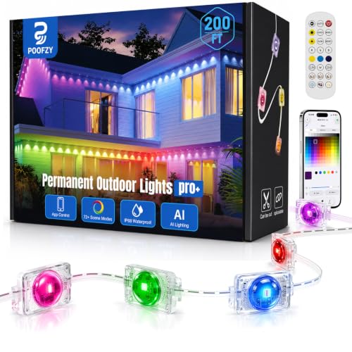 Image of POOFZY Permanent Outdoor Lights 200FT, RGBIC Smart Outdoor Lights for House, App & Voice Control, Waterproof Outdoor Eave Lights for Christmas Holiday Patio Yard Decor