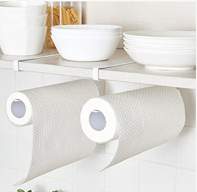 TANCUDER 2 Pcs Paper Towel Holder Under Cabinet Paper Rolls Rack Organizer Kitchen Paper Hanger Storage Napkins Rack for Toilet Bathroom Living Room, Drill Free (White)