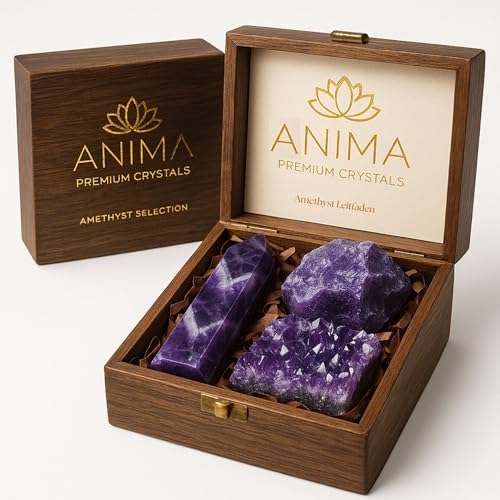 Anima Premium Amethyst Stein Set – Amethyst-Turm, Cluster und Rohkristall – Große Kristalle und Heilsteine in Holzbox – Ideales spirituelles Geschenk für Frauen zur Meditation und erholsamen Schlaf