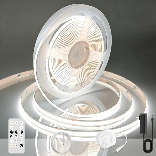 AXMOTUT White Motion Sensor COB LED Strip Light, Dimmable 16.4ft/5m LED Light, 6000K Daylight White 1600 LEDs High Lumen LED Tape Lights CRI 90+ with RF Remote and UL Power for Bedroom,Kitchen
