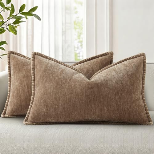 Image of decorUhome Fall Chenille Soft Cozy Throw Pillow Covers 12x20 Set of 2, Modern Farmhouse Boho Velvet Decorative Pillow Cases with Stitched Edge for Couch Sofa Bed Home Decor, Brown