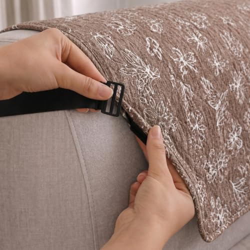 Image of STITCHNEST 'Opulence Series' Floral Woven Sofa Cover for 3 Seater | Premium Soft Fabric Sofa Protector | Beige Floral Pattern with Armrest Pockets | Durable Living Room Furniture Cover