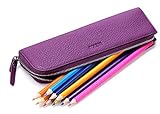 MEKU Pencil Case Genuine Leather Pen Case Stationery Bag Zipper Pouch Pencil Holder with 2 Slots Purple