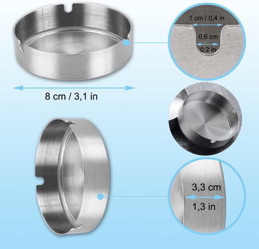 Posacenere, Posacenere Rotondo in Acciaio Inox, Acciaio Inox da 8 cm, Confezione da 16, per Bar, Ristoranti E Camere da Letto, per Uso Interno Ed Esterno