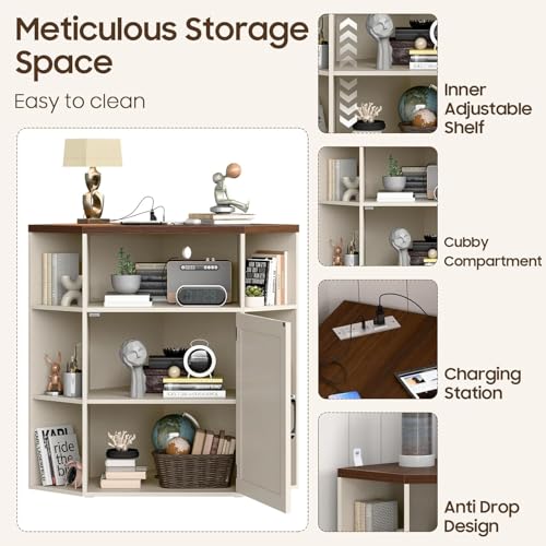 Image of Halitaa Corner Storage Cabinet, 6-Cubby Wooden Cabinet with USB Ports and Outlets, Farmhouse Corner Bookshelf with Storage Industrial Organizer for Study, Playroom, Living Room, White and Brown
