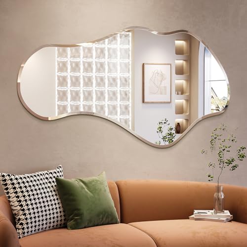 Wiserset Irregular Wall Mirror, 26”x48” Frameless Asymmetrical Mirror, Beveled Frameless