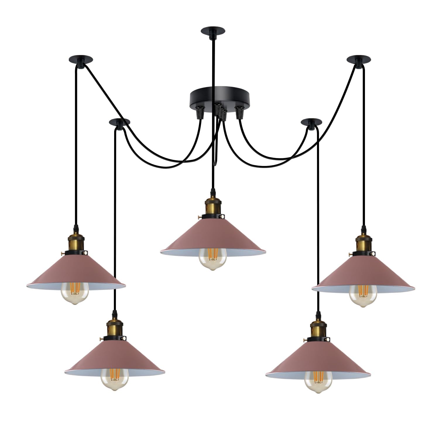 LEDSone Industrial 5-Head Spider Pendant Light Adjustable Hanging Ceiling Lamp with E27 Cone Metal Shades 110-240V Height Adjustable Fixture for Kitchen, Bar, Loft