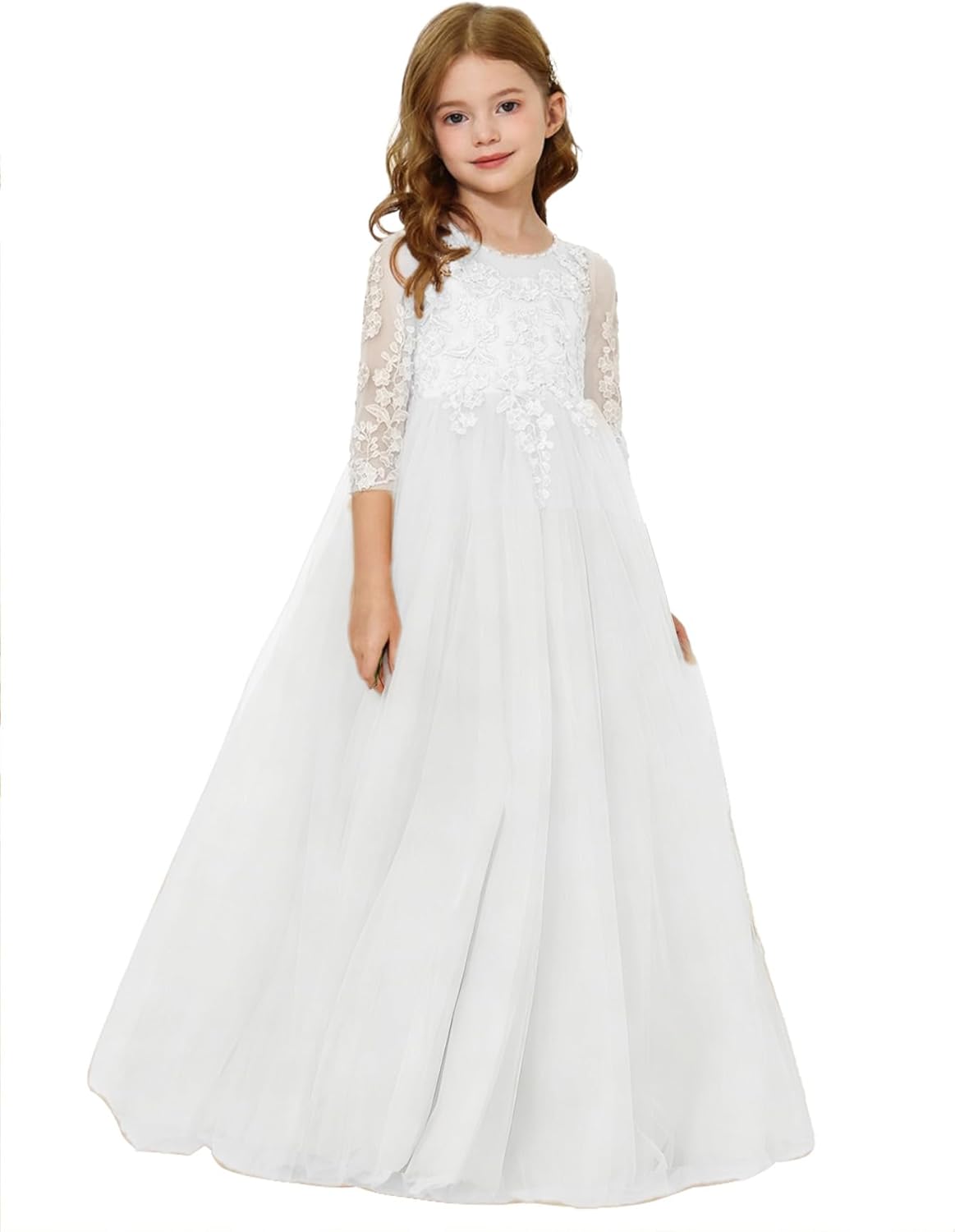 Abaowedding Lace Floral Appliques Flower Girl Dress, 3/4 Sleeve Girls Pageant Tulle Ball Gown