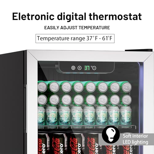 Image of Erivess 3.1 Cubic Feet Mini Fridge,110 Can Freestanding Beverage Refrigerator with Glass Front Door for Soda, Beer Under Counter Small Refrigerator with Adjustable Shelves and Digital Display(Silver)