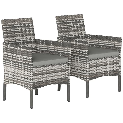 Outsunny Set di 2 Sedie da Giardino in Rattan, Sedie da Esterno con Cuscini, Braccioli e Schienale Alto, Struttura in Acciaio per Veranda, Balcone, Bordo Piscina e Giardino, Grigio