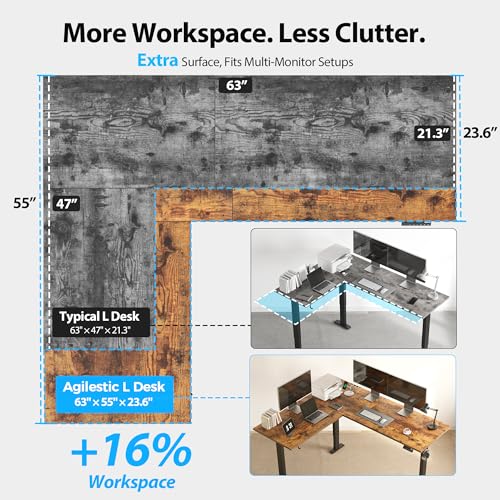 Image of Agilestic L Shaped Standing Desk 63 x 55 inch Adjustable Height, Electric Corner Standing Desk, Sit Stand Computer Table with Splice Board, Vintage Brown