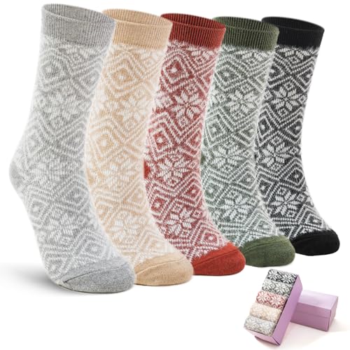 Image of Womens Socks 5 Pairs Wool Warm Cotton Thick Vintage Socks Gifts For Women