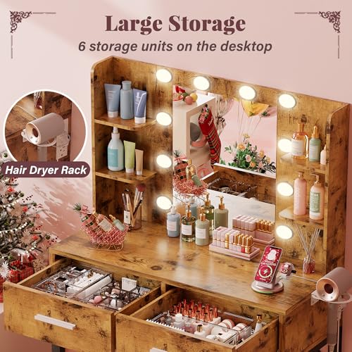 Image of Furmax Vanity Desk with Mirror and Light Bulb, Small Makeup Vanity Table with Drawers, Dressing Table with Power Outlet and Hair Dryer Holder for Bedroom (Rustic Brown & Black)