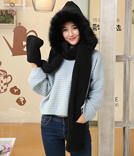 Winter Warm Women Siamese Hoodie Gloves Pocket Earflap Hat Long Scarf Shawl Wraps2