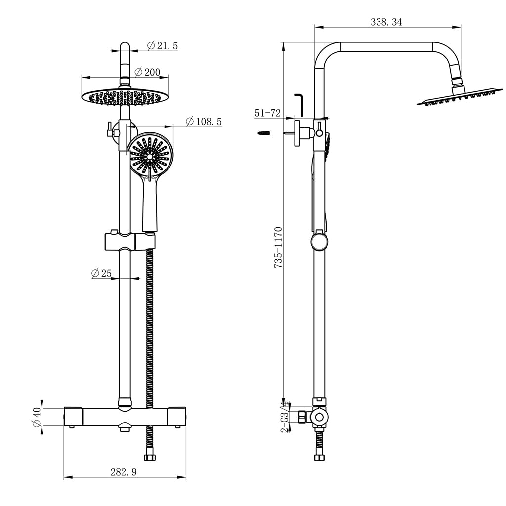 Colonna Doccia, AICA ITALY, Miscelatore Doccia Idromassaggio Termostatico, Gruppo Doccia Completo di Soffione Acciaio Inox da 20cm e Doccetta a 3 Getti, Asta Doccia Regolabile 73-117cm, Nero