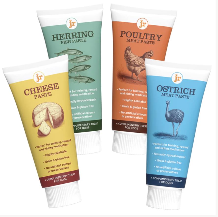 JR Pet Products Dog Paste Treat, Ostrich, Herring, Poultry and Cheese Flavour, 75g, for Puppies and Adult Dogs, Squeeze Tube, for Training and Enrichment, Grain Free, 4 Pack