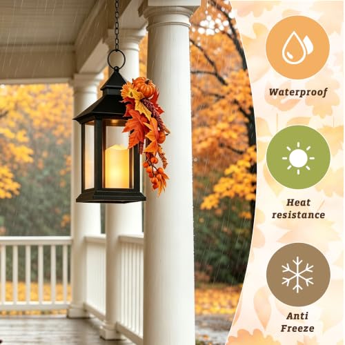 Image of Fall Lanterns Decorative Indoor, 14 inch Autumn Decor Black Outdoor Lantern | Battery Operated, Waterproof Harvest Lantern with Timer Candle, Thanksgiving Decorations for Porch, Patio, Entryway, Mantel
