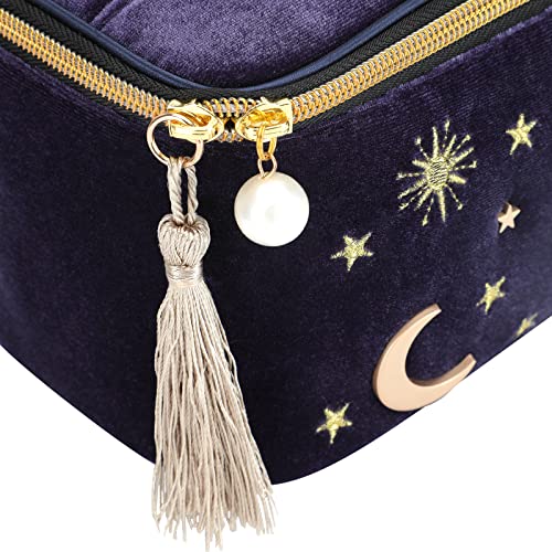 Handy cosmetic makeup bag,square Navy Velvet Embroidered Applique Moon Stars Sun Cosmetic Bag,High capacity Starry Makeup Pouch with Tassels & Pearl Zipper,Beautician Storage Bag Clutch Handbags - Image 3