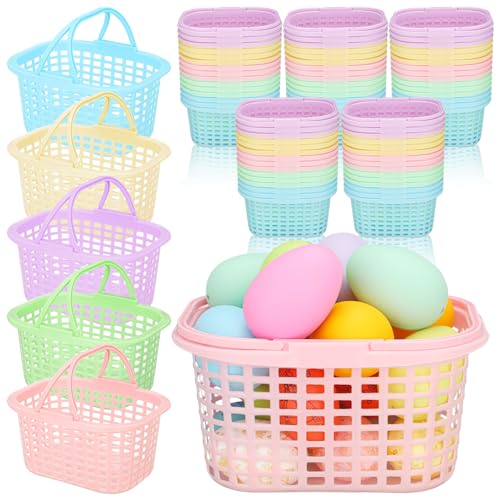 SiliFine 60 Pcs Pastel Plastic Easter Baskets Bulk Small Colorful Plastic Baskets with Handles Easter Gift Wrap Basket for Easter Party Egg Hunts Easter Eggs Party Favor