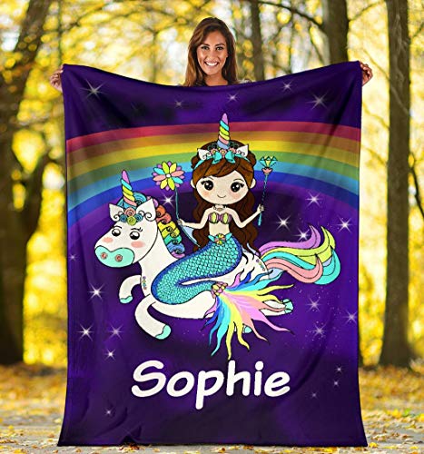 VikingsBrand Personalized Name, Custom Name Unicorn Blanket for Kids, Kids Bedding Fleece Blanket, Boys & Girls Throw Unicorn (Rainbow Unicorn, Youth (40 x 30 inches / 102 x 76 cm))