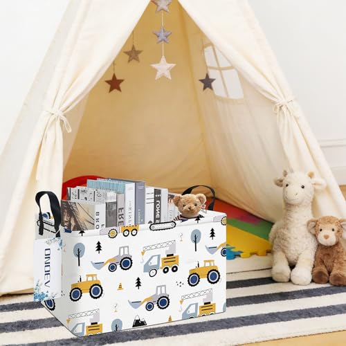 Image of Rectangular Excavator Laundry Storage Bin for Adults and Kids | Damp resistant canvas fabric, sturdy stitched carry handles, foldable design organizes closet and playroom daily supplies