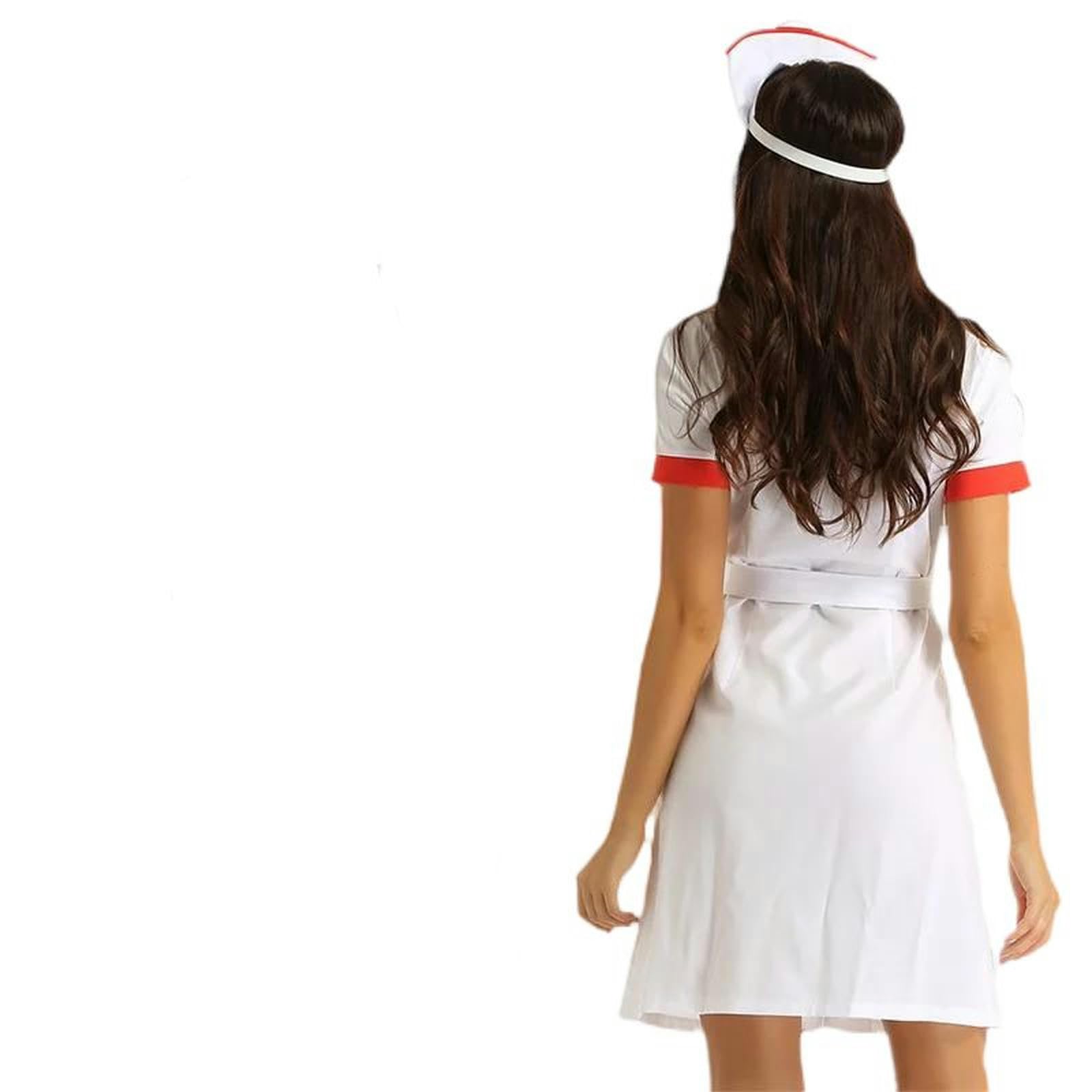 Damska pielęgniarka fantazyjna sukienka cosplay kostium z krótkim rękawem zapinana na guziki sukienka lekarska - biała-XL