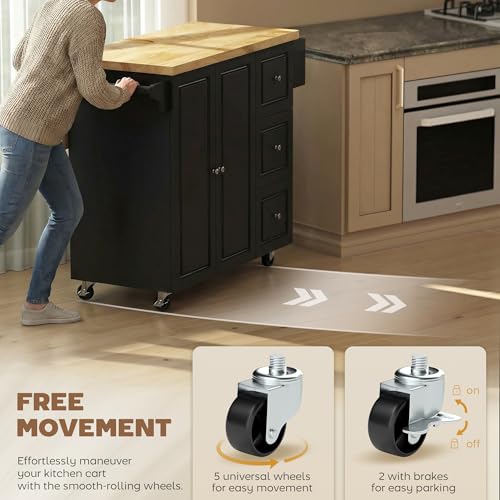 HOMCOM Kitchen Island on Wheels, Rolling Kitchen Storage Trolley with Drop Leaf, Rubber Wood Top, Drawers, Adjustable Shelf, Towel and Spice Rack for Dining Room, Black - Image 5