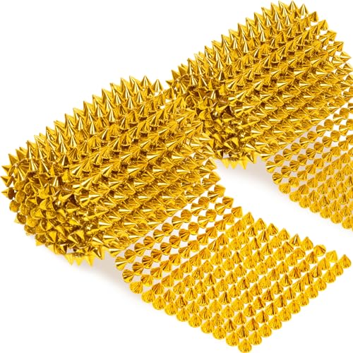Rustark 2Pcs 2 Yards Sew Stitch On Spike Stud Set, Gold Spikes Mesh Rivets Flat Back Spike Studs Pointed Spike Studs Trim Bead Spikes for Punk Rock Clothing DIY Craft Decor