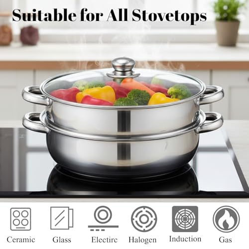 ZENFUN Steamer Pot With Lid 2 Tier, Multipurpose Stainless Steel Steaming Pot, Steam Pots With Handle For Vegetable, Dumpling, Food, 11 Inch/28CM(Thickened) - Image 5