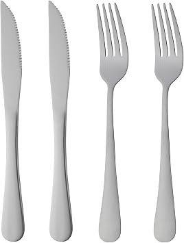 Cutlery Set, Stainless Steel, Matte Finish, Steak Knife, Dinner Fork, 4 Pieces, for 2 People, Dishwasher Safe, Silver