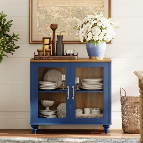 WAMPAT Buffet Cabinet with 2 Glass Doors, Navy Blue, 34" | Kitchen Storage Cabinets Wood Coffee Bar Table with Adjustable Shelf, Modern Sideboard Credenza for Dining Room