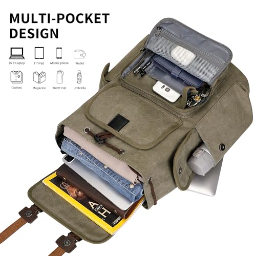 Image of WITZMAN Canvas Backpack for Men Vintage Rucksack Fits 15.6 inch Laptop | Drawstring Backpack, Travel High Capacity Casual Daypack with USB Charging Port, For Vacation, Overnight Trip, A8004 Green