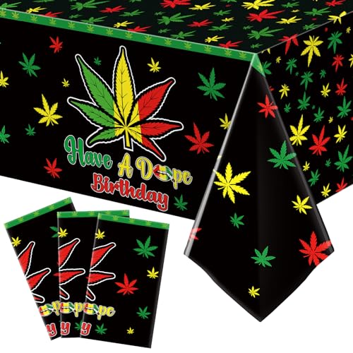 Mindsoft 3 Pcs Weed Themed Party Table Cloth Waterproof Table Cover Plastic Disposable Weed Party Tablecloth Birthday Rectangle Tablecover for Adults Birthday Supplies